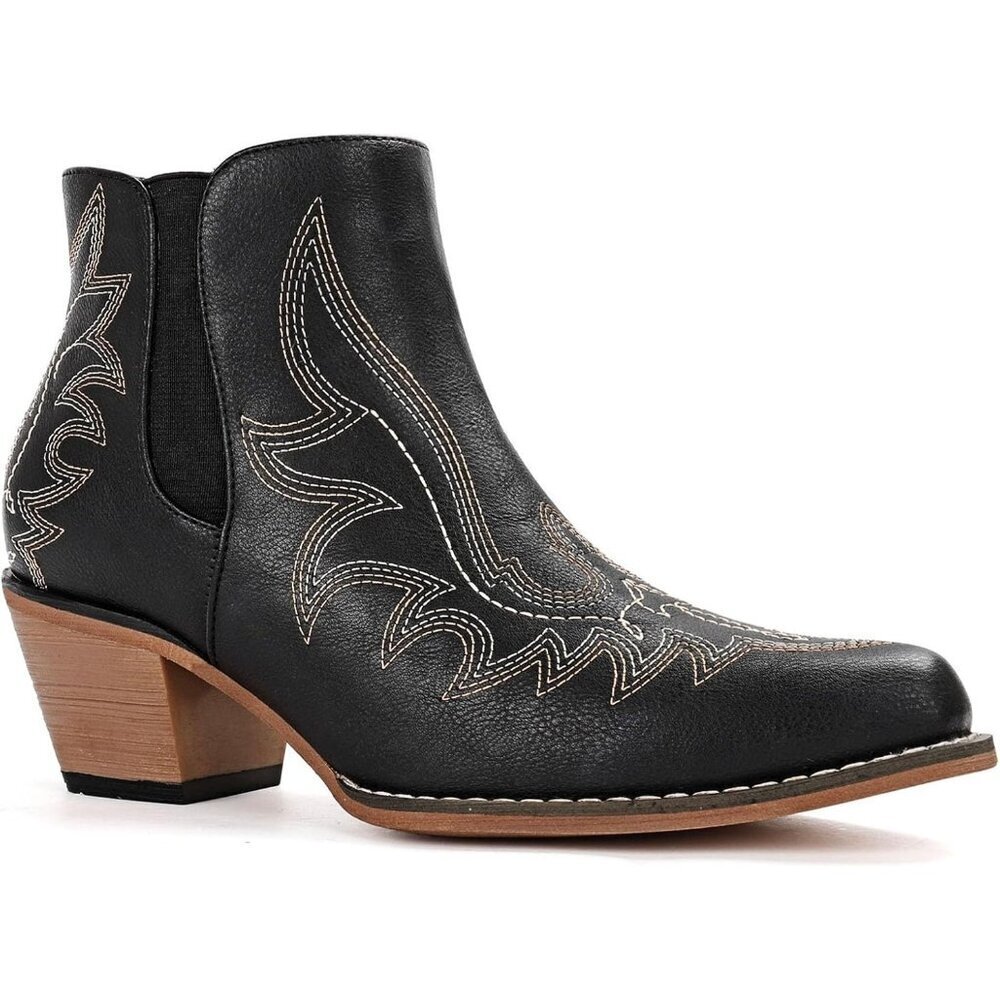 Women's Black Cowgirl Embroidered Chunky Heel Fashion Snip Toe Casual Boots